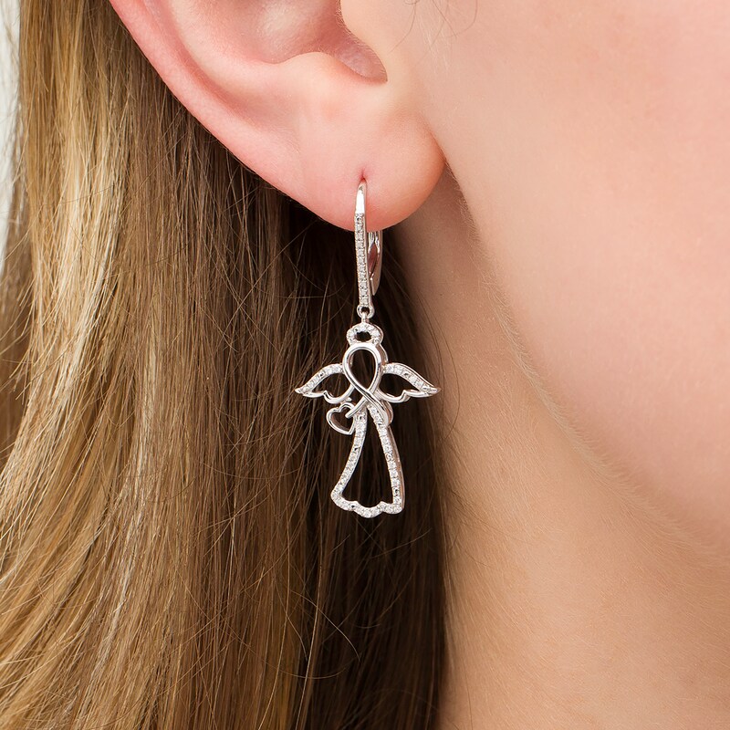 Main Image 2 of 1/4 CT. T.W. Diamond Infinity Angel with Heart Drop Earrings in Sterling Silver
