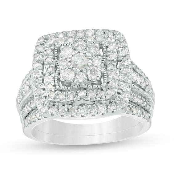 1-1/3 CT. T.w. Multi-Diamond Cushion Frame Multi-Row Bridal Set in 10K White Gold