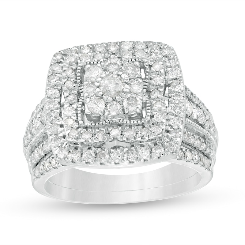Main Image 1 of 1-1/3 CT. T.W. Multi-Diamond Cushion Frame Multi-Row Bridal Set in 10K White Gold