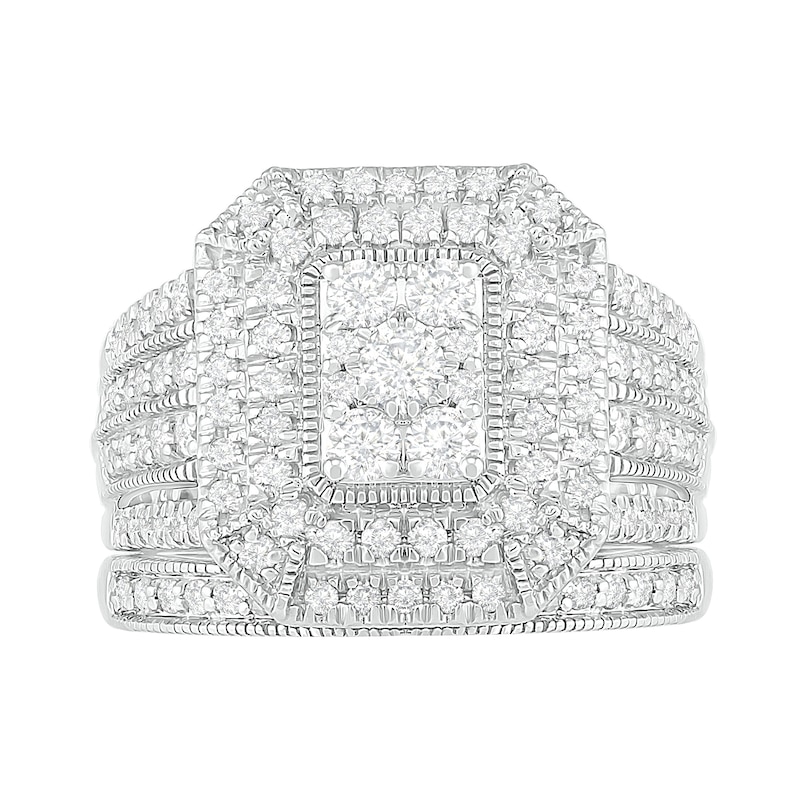 1-1/3 CT. T.W. Composite Emerald Diamond Rectangle Frame Multi-Row Vintage-Style Bridal Set in 10K White Gold