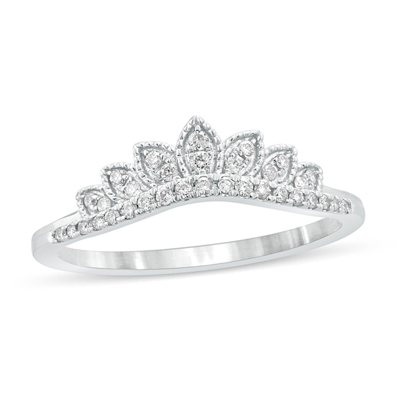 1/6 CT. T.w. Diamond Leaf Crown Contour Vintage-Style Wedding Band in 10K White Gold