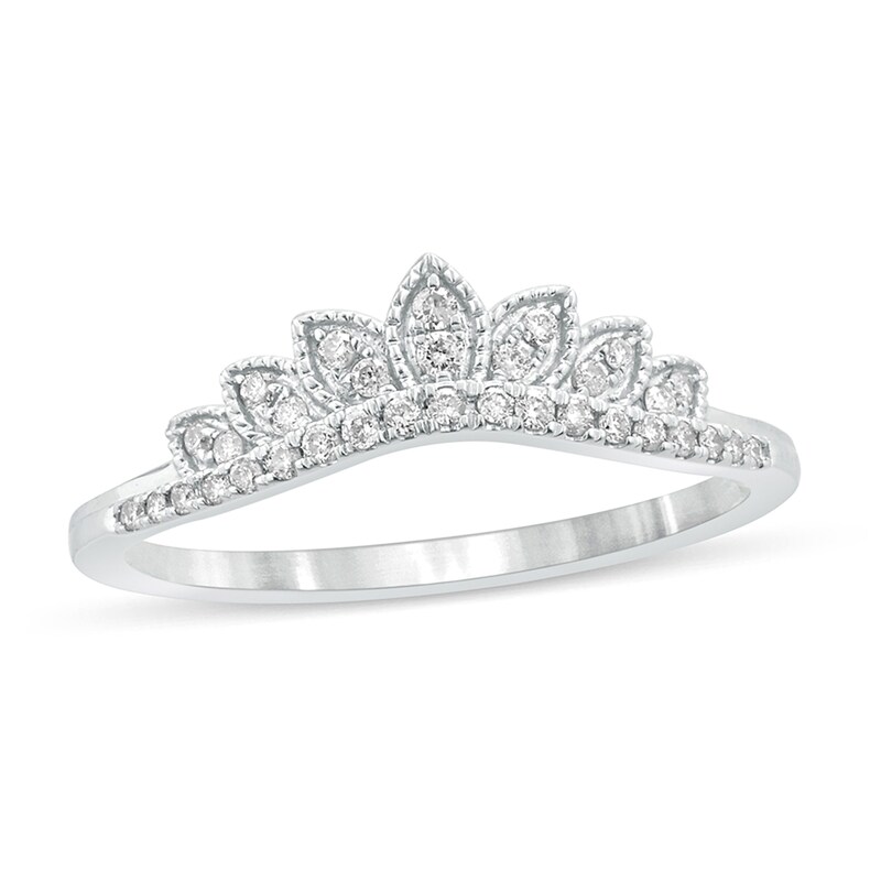 Main Image 1 of 1/6 CT. T.W. Diamond Leaf Crown Contour Vintage-Style Wedding Band in 10K White Gold