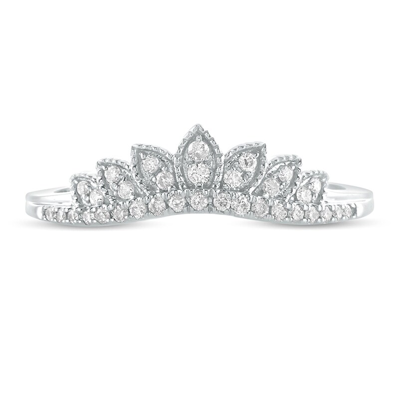 Main Image 3 of 1/6 CT. T.W. Diamond Leaf Crown Contour Vintage-Style Wedding Band in 10K White Gold