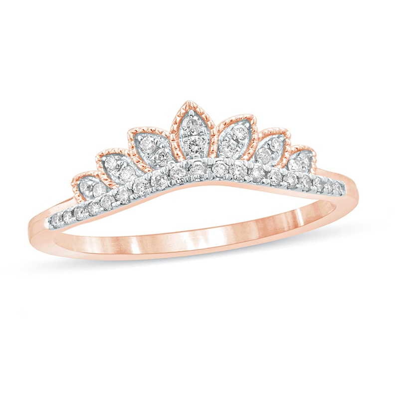 Main Image 1 of 1/6 CT. T.W. Diamond Leaf Crown Contour Vintage-Style Wedding Band in 10K Rose Gold
