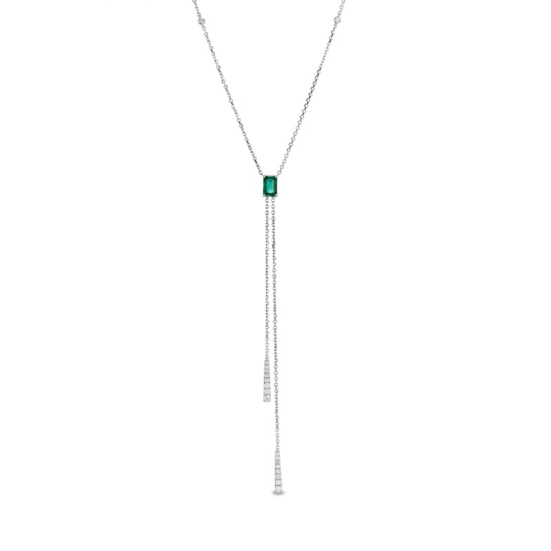 Emerald-Cut Emerald and 1/6 CT. T.W. Diamond Tassel Necklace in 14K White Gold