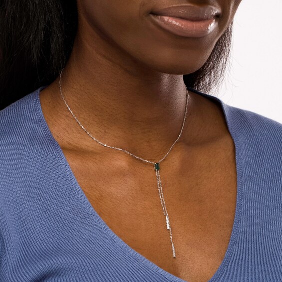 Emerald-Cut Emerald and 1/6 CT. T.w. Diamond Tassel Necklace in 14K White Gold