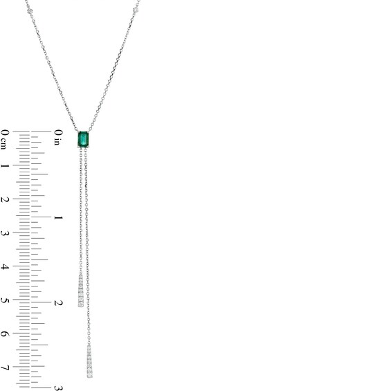 Emerald-Cut Emerald and 1/6 CT. T.w. Diamond Tassel Necklace in 14K White Gold