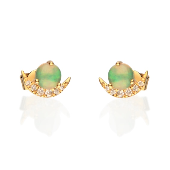 4.0mm Opal and Diamond Accent Celestial Crescent Moon Stud Earrings in 14K Gold