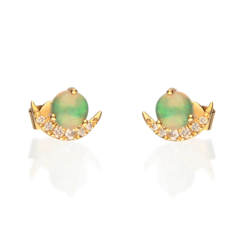 Main Image 1 of 4.0mm Opal and Diamond Accent Celestial Crescent Moon Stud Earrings in 14K Gold