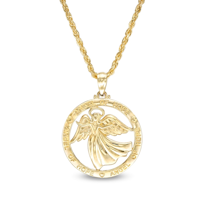 Main Image 1 of Exclusive Etched Guardian "ANGEL OF HOPE" and Hearts Open Circle with Angel Pendant in 10K Gold