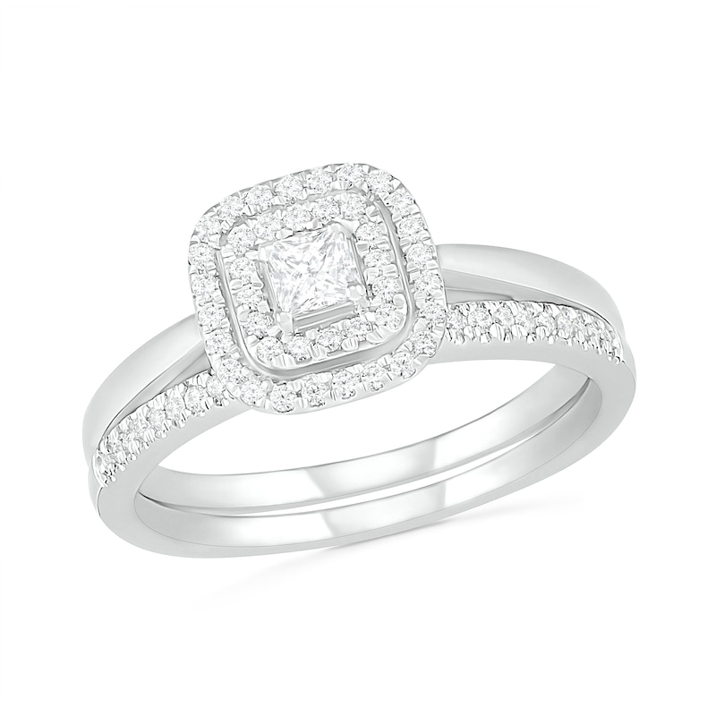 Main Image 1 of 3/8 CT. T.W. Princess-Cut Diamond Double Cushion Frame Bridal Set in 10K White Gold