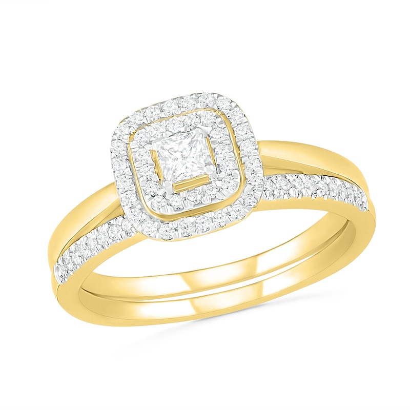 Main Image 1 of 3/8 CT. T.W. Princess-Cut Diamond Double Cushion Frame Bridal Set in 10K Gold
