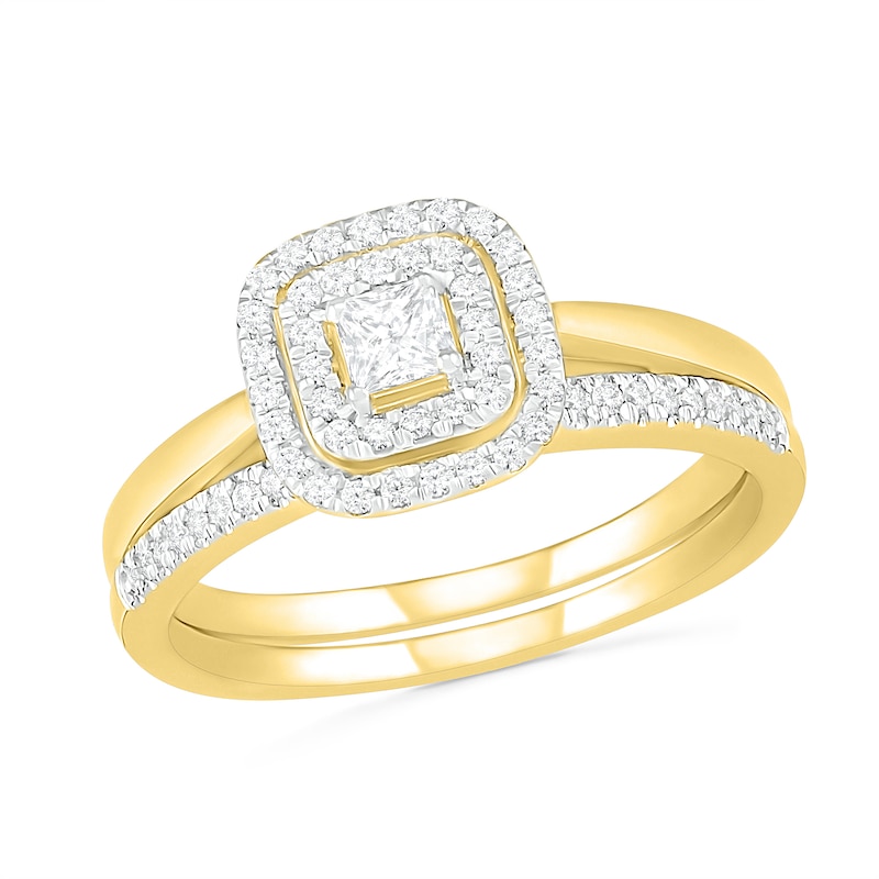 3/8 CT. T.W. Princess-Cut Diamond Double Cushion Frame Bridal Set in 10K Gold