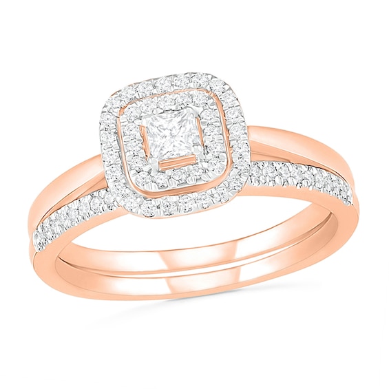 3/8 CT. T.w. Princess-Cut Diamond Double Cushion Frame Bridal Set in 10K Rose Gold