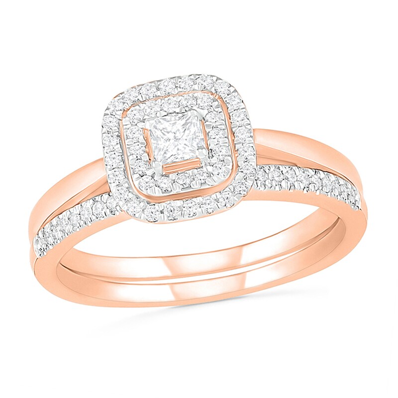 Main Image 1 of 3/8 CT. T.W. Princess-Cut Diamond Double Cushion Frame Bridal Set in 10K Rose Gold