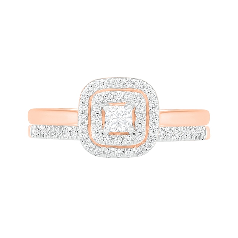 3/8 CT. T.W. Princess-Cut Diamond Double Cushion Frame Bridal Set in 10K Rose Gold