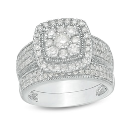 1-1/3 CT. T.W. Cushion Multi-Diamond Frame Multi-Row Vintage-Style Bridal Set in 10K White Gold