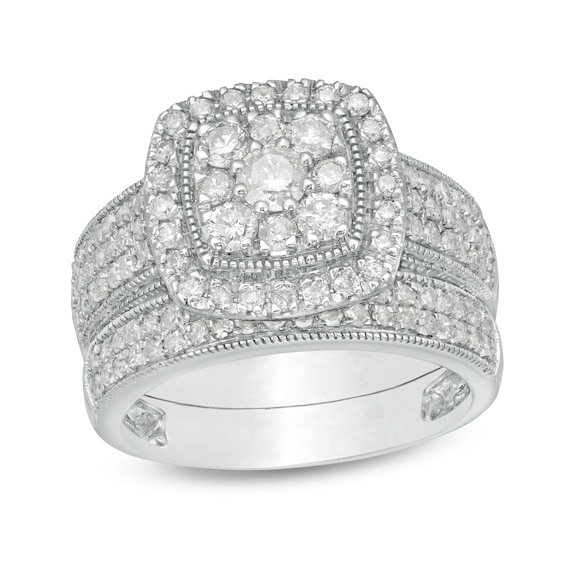 1-1/3 CT. T.w. Cushion Multi-Diamond Frame Multi-Row Vintage-Style Bridal Set in 10K White Gold