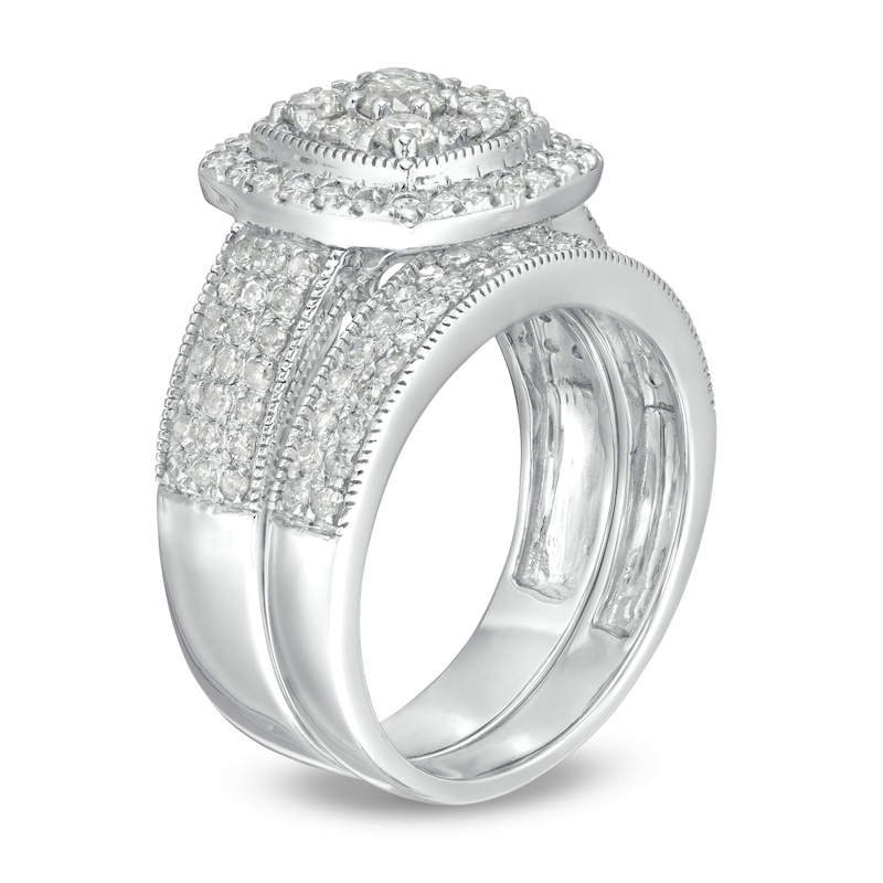 Main Image 3 of 1-1/3 CT. T.W. Cushion Multi-Diamond Frame Multi-Row Vintage-Style Bridal Set in 10K White Gold