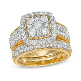 1-1/3 CT. T.W. Composite Cushion Diamond Frame Multi-Row Vintage-Style Bridal Set in 10K Gold