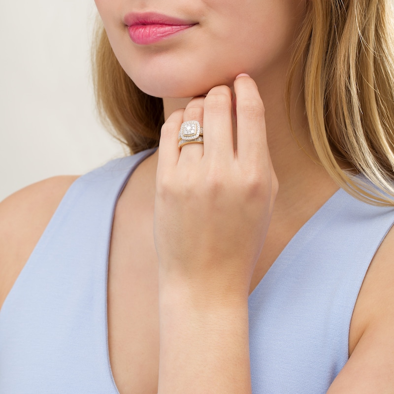Main Image 2 of 1-1/3 CT. T.W. Composite Cushion Diamond Frame Multi-Row Vintage-Style Bridal Set in 10K Gold