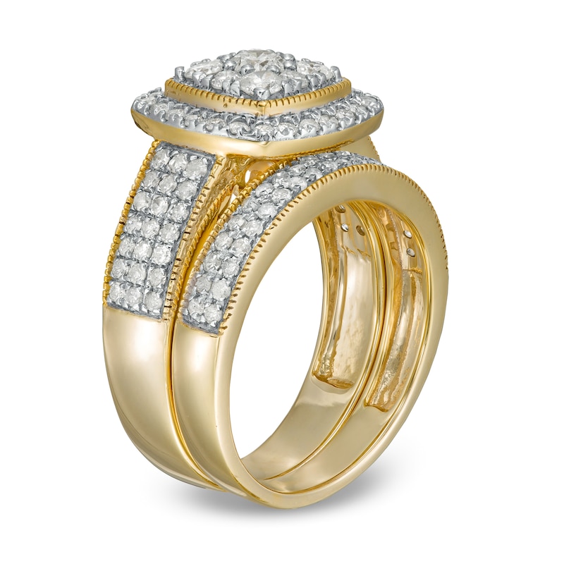 Main Image 3 of 1-1/3 CT. T.W. Composite Cushion Diamond Frame Multi-Row Vintage-Style Bridal Set in 10K Gold
