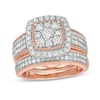 Thumbnail Image 0 of 1-1/3 CT. T.W. Composite Cushion Diamond Frame Multi-Row Vintage-Style Bridal Set in 10K Rose Gold
