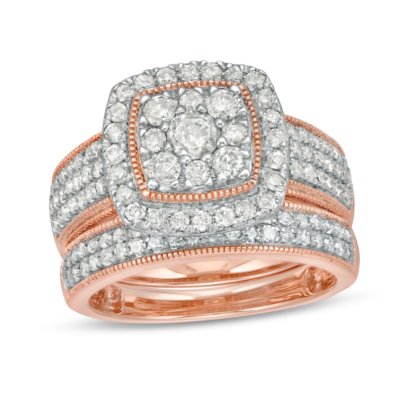 1-1/3 CT. T.W. Composite Cushion Diamond Frame Multi-Row Vintage-Style Bridal Set in 10K Rose Gold