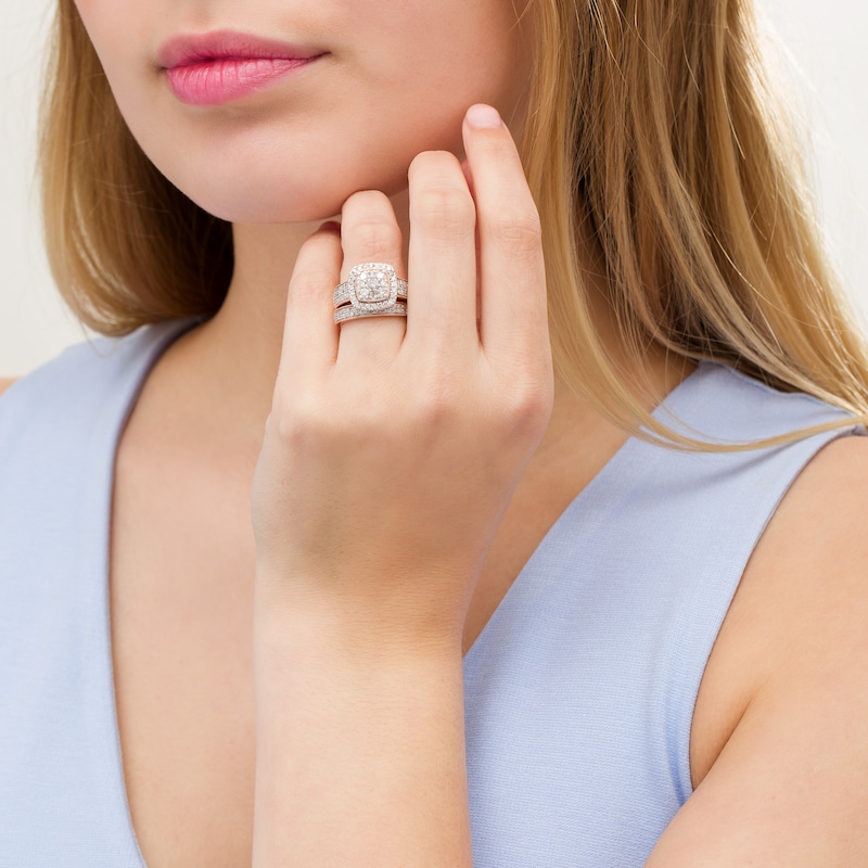 Main Image 2 of 1-1/3 CT. T.W. Composite Cushion Diamond Frame Multi-Row Vintage-Style Bridal Set in 10K Rose Gold