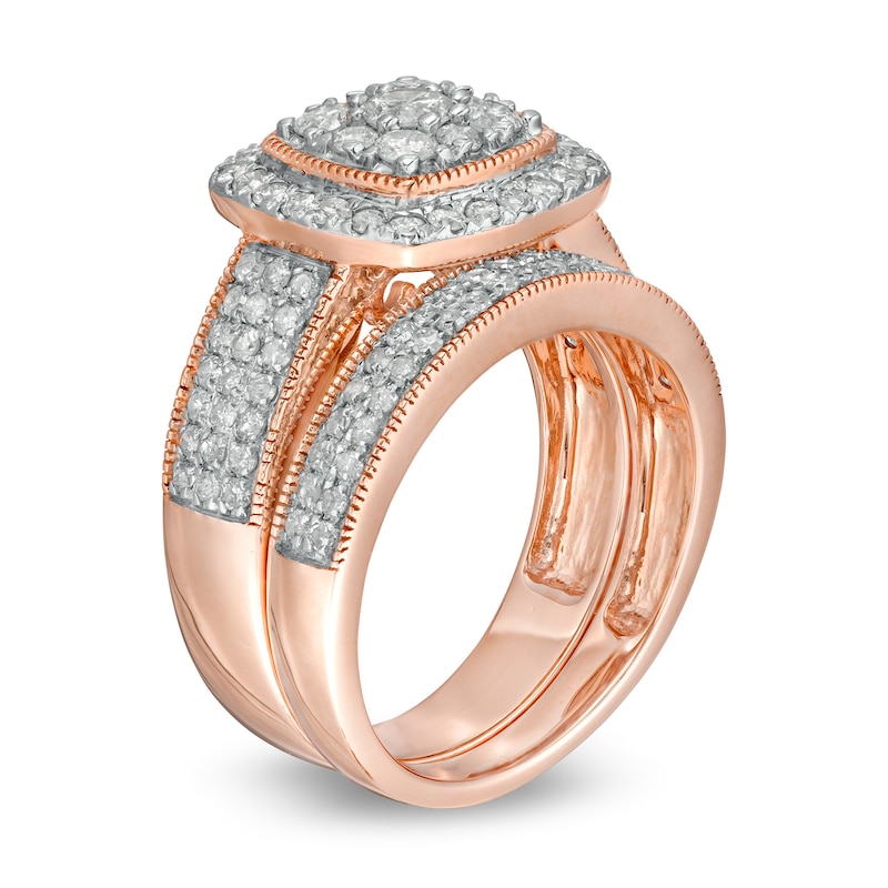 1-1/3 CT. T.W. Composite Cushion Diamond Frame Multi-Row Vintage-Style Bridal Set in 10K Rose Gold