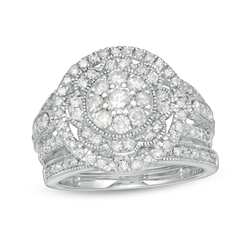Main Image 1 of 1-1/4 CT. T.W. Composite Diamond Multi-Row Vintage-Style Bridal Set in 10K White Gold