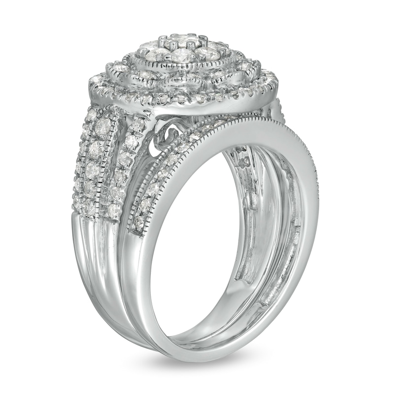 Main Image 3 of 1-1/4 CT. T.W. Composite Diamond Multi-Row Vintage-Style Bridal Set in 10K White Gold