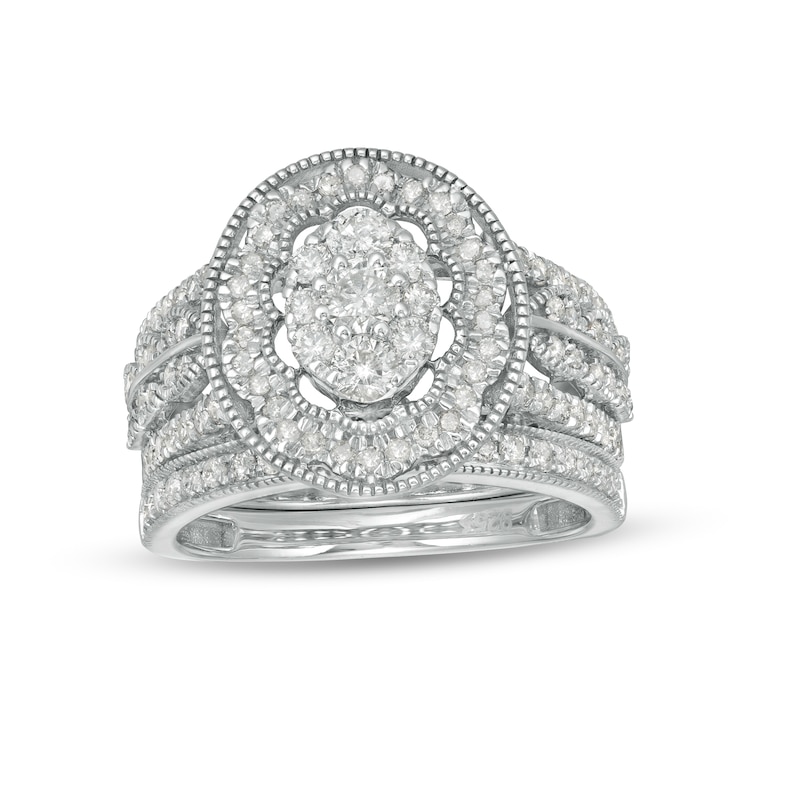 1-1/4 CT. T.W. Composite Oval Diamond Scallop Frame Vintage-Style Bridal Set in 10K White Gold