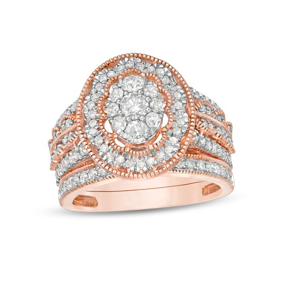 1-1/4 CT. T.W. Composite Oval Diamond Scallop Frame Vintage-Style Bridal Set in 10K Rose Gold 1-1/4 CT. T.W. Composite Oval Diamond Scallop Frame Vintage-Style Bridal Set in 10K Rose Gold