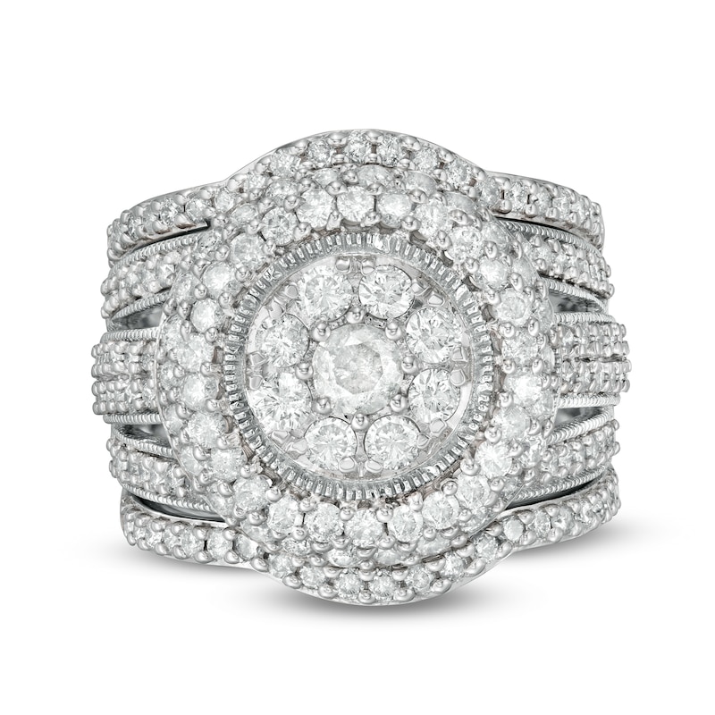 Main Image 1 of 2-1/4 CT. T.W. Composite Diamond Multi-Row Vintage-Style Three Piece Bridal Set in 10K White Gold