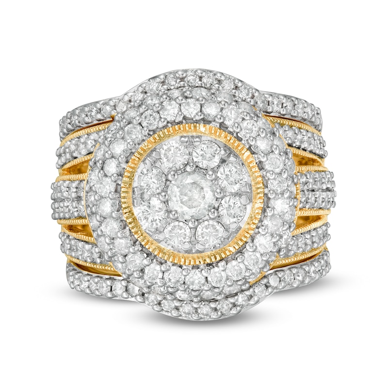 Main Image 1 of 2-1/4 CT. T.W. Multi-Diamond Multi-Row Vintage-Style Three Piece Bridal Set in 10K Gold
