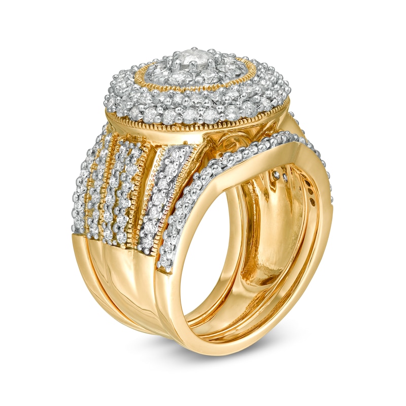 Main Image 3 of 2-1/4 CT. T.W. Multi-Diamond Multi-Row Vintage-Style Three Piece Bridal Set in 10K Gold
