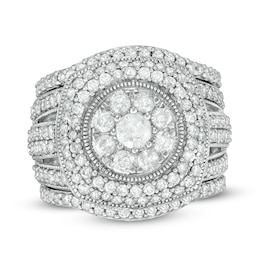 2-1/4 CT. T.W. Composite Diamond Cushion Frame Multi-Row Vintage-Style Three Piece Bridal Set in 10K White Gold