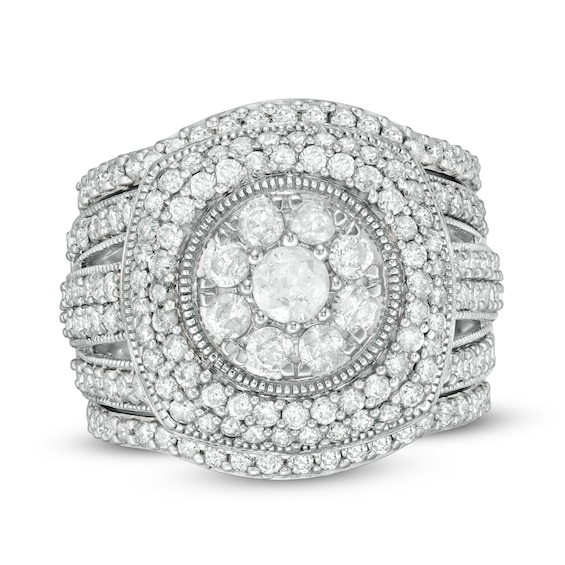 2-1/4 CT. T.w. Composite Diamond Cushion Frame Multi-Row Vintage-Style Three Piece Bridal Set in 10K White Gold
