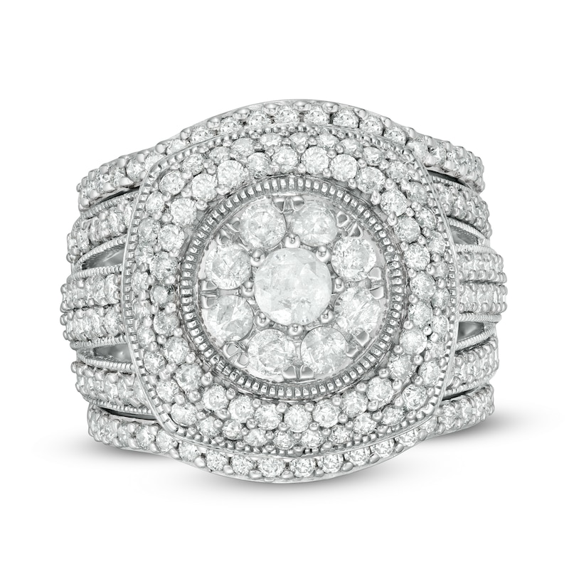 Main Image 1 of 2-1/4 CT. T.W. Composite Diamond Cushion Frame Multi-Row Vintage-Style Three Piece Bridal Set in 10K White Gold
