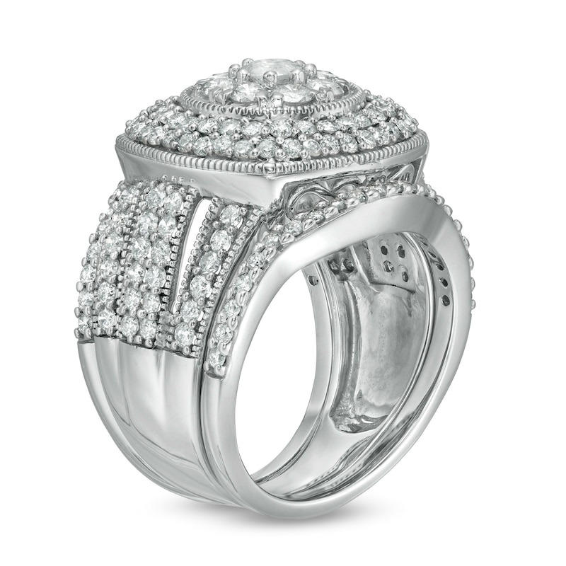 Main Image 3 of 2-1/4 CT. T.W. Composite Diamond Cushion Frame Multi-Row Vintage-Style Three Piece Bridal Set in 10K White Gold