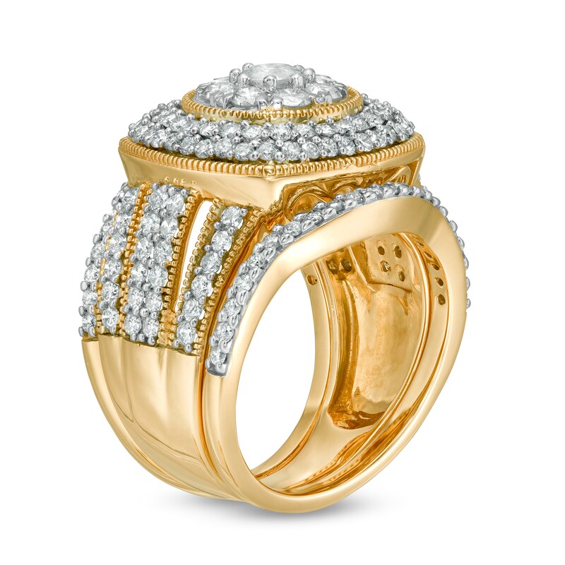 Main Image 3 of 2-1/4 CT. T.W. Composite Diamond Cushion Frame Multi-Row Vintage-Style Three Piece Bridal Set in 10K Gold