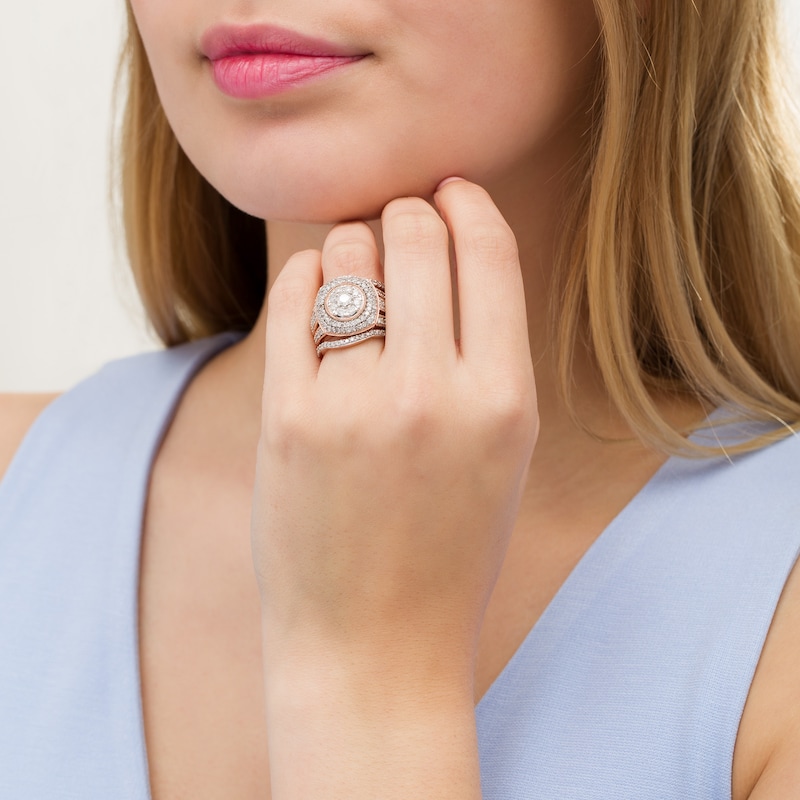 2-1/4 CT. T.W. Composite Diamond Cushion Frame Multi-Row Vintage-Style Three Piece Bridal Set in 10K Rose Gold