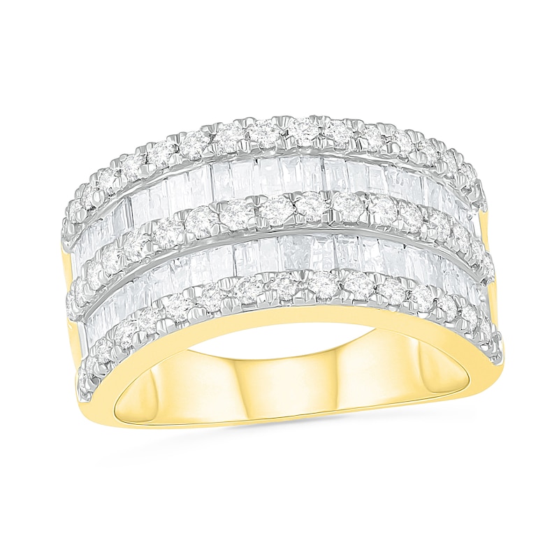 2 CT. T.W. Baguette and Round Diamond Multi-Row Ring in 10K Gold