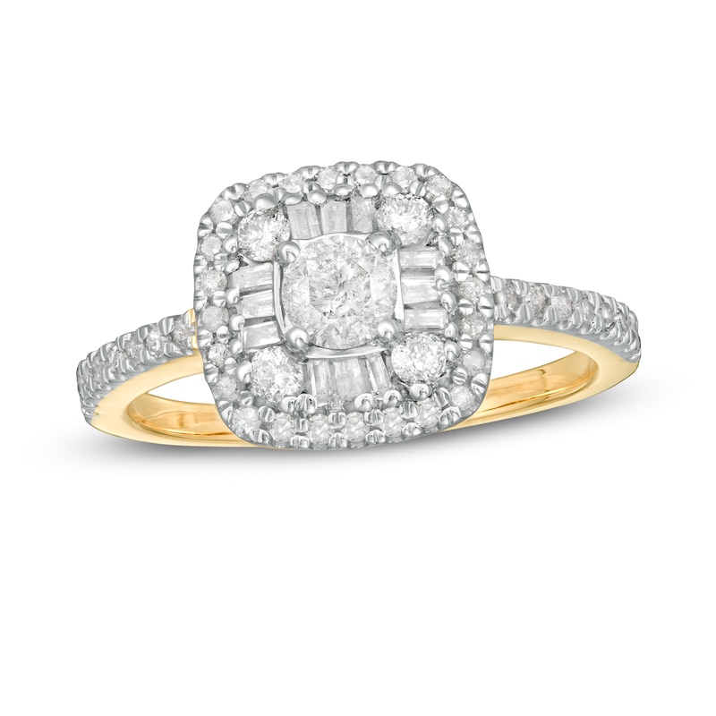 Main Image 1 of 3/4 CT. T.W. Baguette and Round Diamond Cushion Frame Ring in 10K Gold