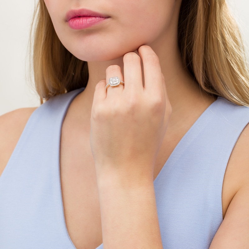 Main Image 2 of 3/4 CT. T.W. Baguette and Round Diamond Cushion Frame Ring in 10K Gold