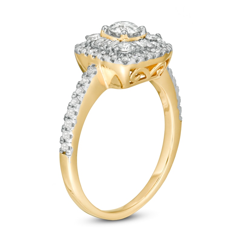 Main Image 3 of 3/4 CT. T.W. Baguette and Round Diamond Cushion Frame Ring in 10K Gold
