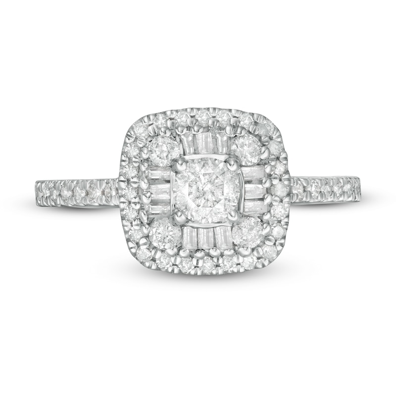 Main Image 4 of 3/4 CT. T.W. Baguette and Round Diamond Cushion Frame Ring in 10K Gold