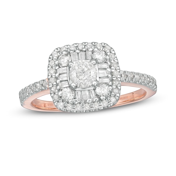 3/4 CT. T.w. Baguette and Round Diamond Cushion Frame Ring in 10K Rose Gold