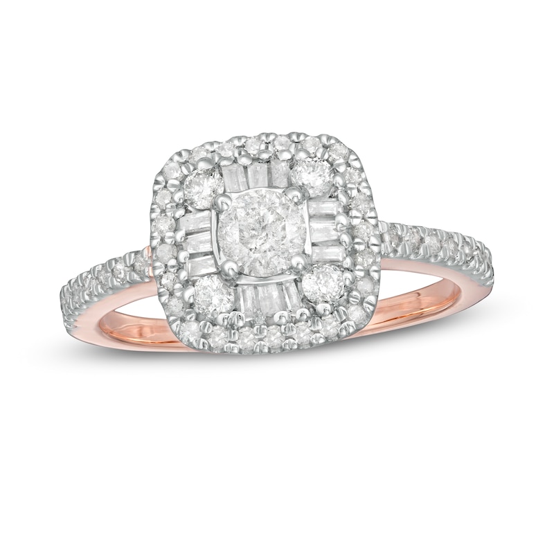 Main Image 1 of 3/4 CT. T.W. Baguette and Round Diamond Cushion Frame Ring in 10K Rose Gold